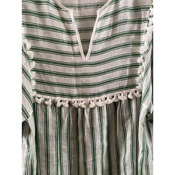 Tory Burch Striped Linen Caftan Size Small Midi Green White Tassels Swim coverup - Picture 3 of 13